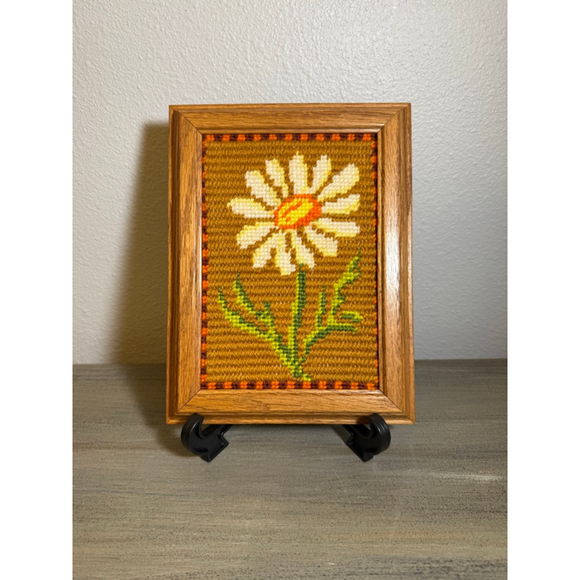 vintage framed needlepoint wall art, the "Daisy" Retro #Grandma Core - Picture 1 of 6